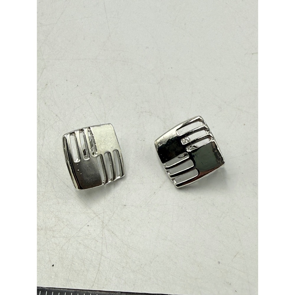 Vintage Silver Tone Geometric Square Cutout Clip On Earrings Modernist Style